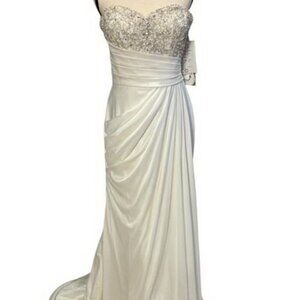 Lillian West Ivory Silver Beaded Strapless Jersey Wedding Gown
